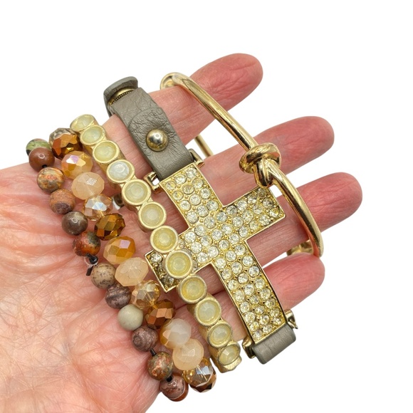 Bracelets Bundle Of 5 Gold Tone Rhinestone Cross Bangle Stretch Boho Style - Picture 1 of 7